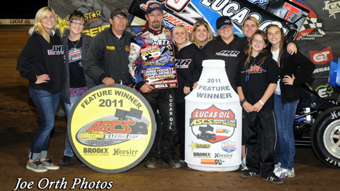 Tim Crawley broke into Lucas Oil ASCS presented by K&amp;N Filters victory lane for the first time this year by topping Friday night's 25-lap Jesse Hockett / Daniel McMillin Memorial feature event at Wheatland, Missouri's Lucas Oil Speedway. (Joe Orth photo)