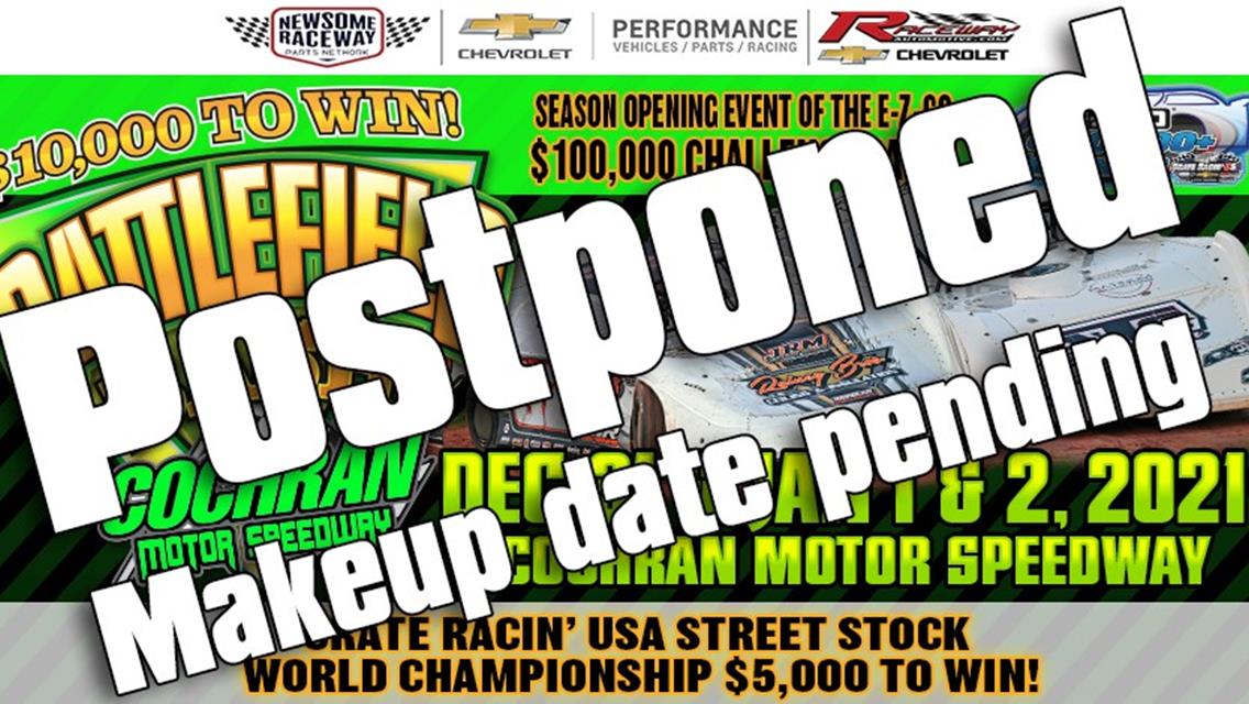 Cochran Motor Speedway New Year's Bash and Street Stock World Championship Postponed