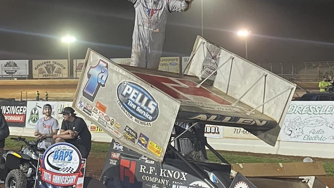 JACOB ALLEN INVADES AND CONQUERS BAPS MOTOR SPEEDWAY’S SPRINT CAR SUNDAY; PA SPRINT SERIES ZACH RHODES TAKES A .739 SECOND VICTORY OVER KEN DUKE JR.