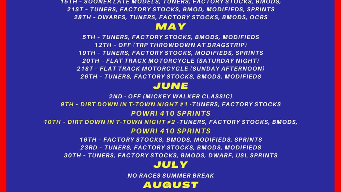 2023 Osage Casino Tulsa Speedway Tentative Schedule