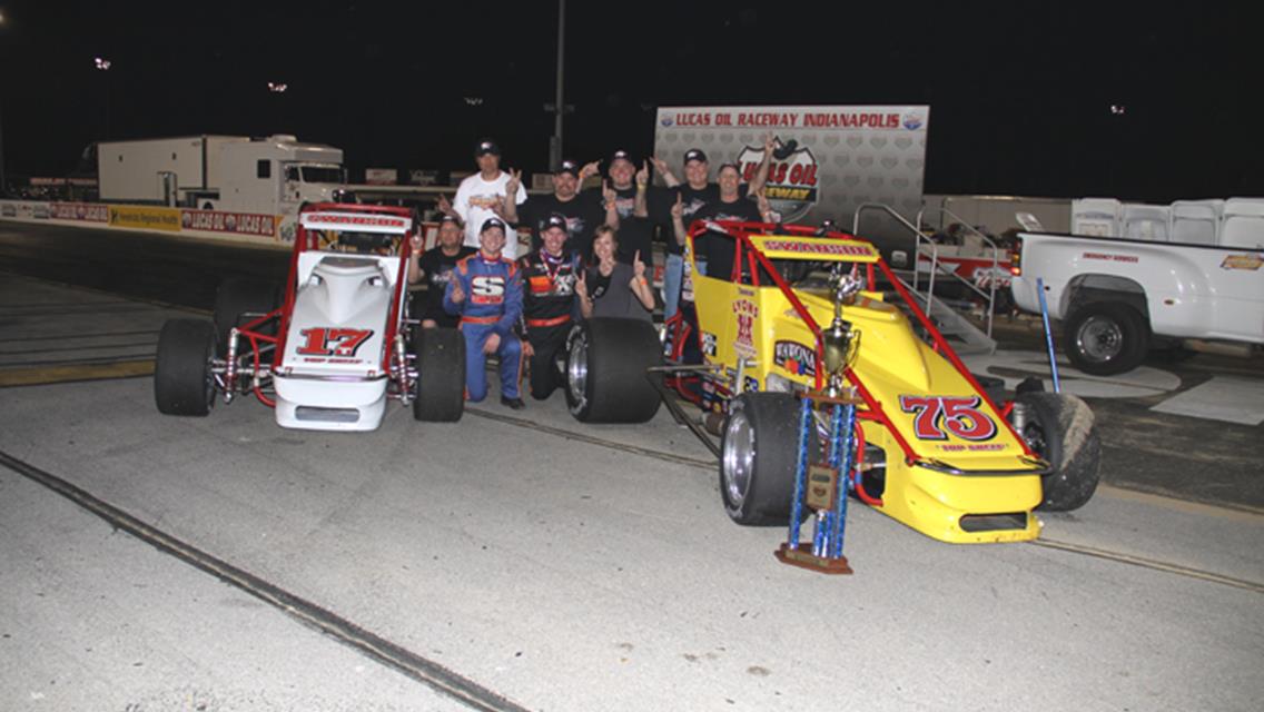 TK Motorsports in Lucas Oil Raceway Victory Lane after brothers Kody and Tanner finished 1st and 2nd in the season opener of "Thursday Night Thunder." John Mahoney Photo