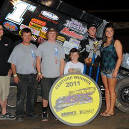 Chad Humston and crew in Speedway Motors ASCS Midwest victory lane after topping Thursday night's 25-lap feature at Junction Motor Speedway in McCool Junction, NE. (Lonnie Wheatley)